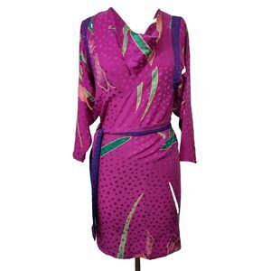 VTG FLORA KUNG Silk Dress Size 2P 1980s 80s Retro Mod Floral Sheath Colorful